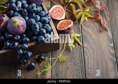 Fresh Black Grapes and Figs in Dark Wooden Tray on Wooden Table Selective focus Stock Photo