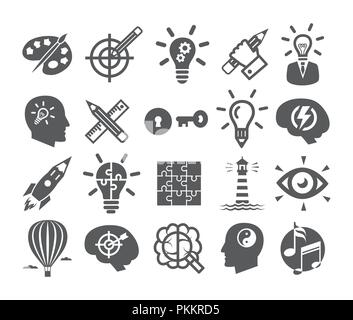 Creativity icons set Icons for inspiration, idea, brain, imagination, problem solving, mind power Stock Vector