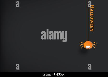 Halloween party invitation with spider hanging in dark background. Design greeting card paper art template. Use for flyer, banner, poster, vector illu Stock Vector