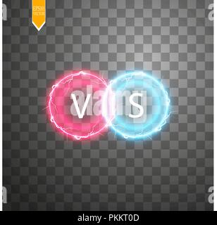 Hot and cold sparkling strength. Energy lightning with an electrical discharge isolated on a transparent background. Collision of two forces with red and blue light. Vector illustration. V S Stock Vector