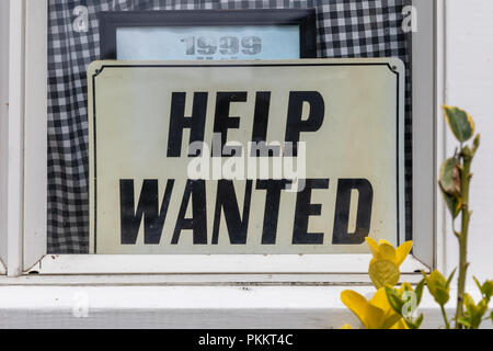 Help Wanted, sign in window Stock Photo