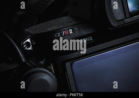 Sony a7rii mirrorless camera against a dark background. Stock Photo