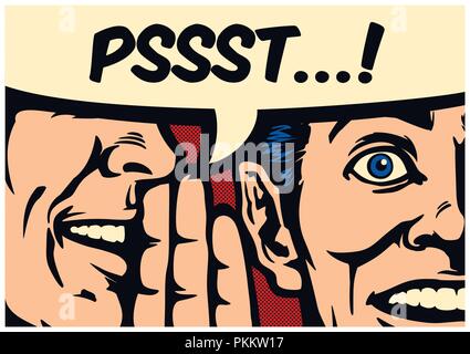 Pop Art style comic book panel gossip man whispering secret or news in ear of surprised person with speech bubble, word-of-mouth vector illustration Stock Vector