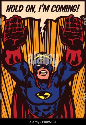 Pop art comic book style superhero flying to the rescue vector poster design illustration Stock Vector