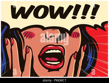 Retro pop art style surprised and excited comics woman with open mouth and speech bubble saying wow vintage vector illustration Stock Vector