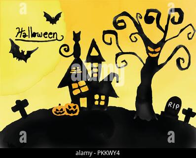 Halloween card, watercolour silhouette  haunted house and graveyard Stock Vector
