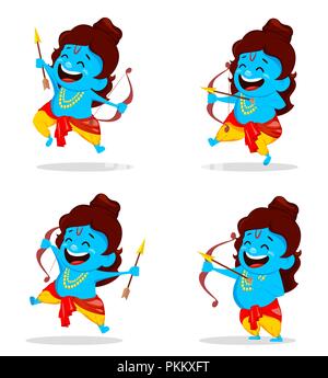 Lord Rama with bow and arrow, set of four poses. Funny cartoon character for Navratri festival of India. Vector illustration. Stock Vector