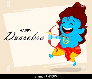 Lord Rama with bow and arrow. Funny cartoon character for Navratri festival of India. Vector illustration for greeting card, poster or invitation. Stock Vector