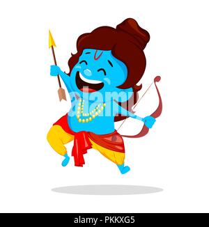 Lord Rama jumping with bow and arrow. Funny cartoon character for Navratri festival of India. Vector illustration on white background Stock Vector