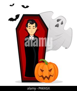 Happy Halloween. Vampire cartoon character wearing black and red cape and sleeping in coffin. Usable for invitation, poster, flyer, greeting card. Vec Stock Vector