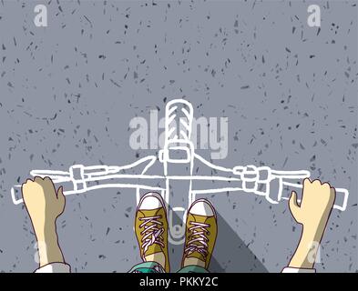 Young man feet and Bicycle painted on asphalt top view Stock Vector