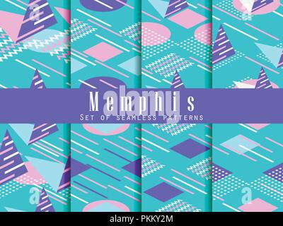 Memphis seamless pattern set. Geometric elements memphis in style of 80s. Isometric figures. Great for brochures, promotional material and wallpaper.  Stock Vector