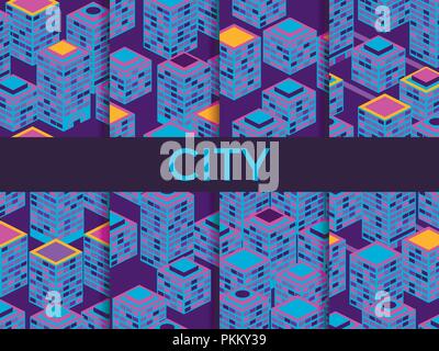 Cityscape seamless pattern set. Isometric skyscrapers, metropolis. Vector illustration Stock Vector