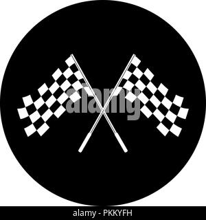Crossed black and white checkered flags logo conceptual of motor sport, isolated on dark round background Stock Vector