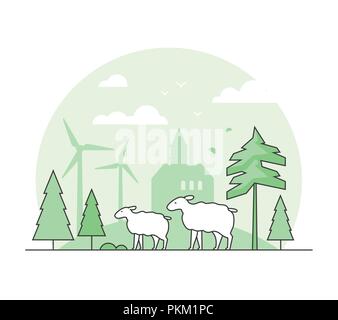 Eco farming - thin line design style vector illustration. Green colored high quality composition with sheep, tree, wind power generators, silhouette o Stock Vector