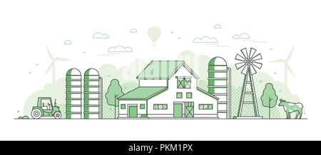 Eco farming - thin line design style vector illustration on white background. Green colored composition with windmill, barn, cow, tractor, silage towe Stock Vector