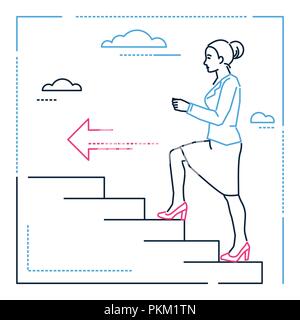 Businesswoman climbing a ladder - line design style illustration on white background. Linear image of a woman, girl, female walking upstairs, pursuing Stock Vector