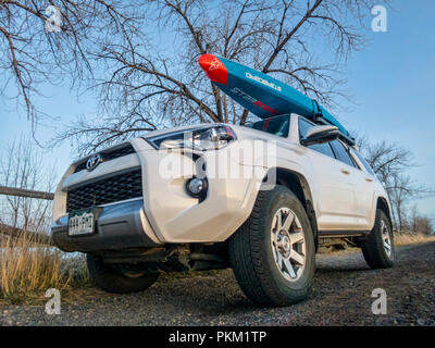 Fort Collins, CO, USA - APril 4, 2018: Toyota 4Runner SUV (2016 Trail edition) carrying a racing stand up paddleboard by Starboard on a lake shore, ea Stock Photo