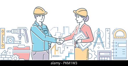 Construction firm - colorful line design style illustration on white background. A composition with a male worker in helmet and overall shaking hands  Stock Vector