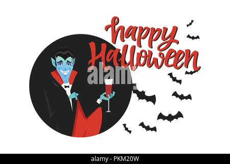 Happy Halloween poster - modern cartoon character illustration on white background with calligraphy red text. Funny vampire in a black coat with a gla Stock Vector