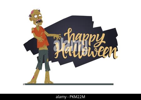 Happy Halloween poster - modern cartoon character illustration on white background with calligraphy text. Composition with creepy standing zombie and  Stock Vector