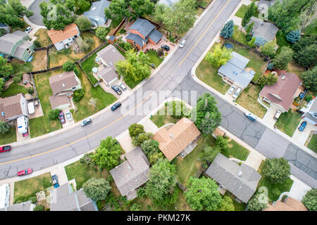 Fort Collins, CO, USA - July 19, 2018:: Aerial  view of a typical residential neighborhood along Front Range of Rocky Mountains in summer scenery. Stock Photo