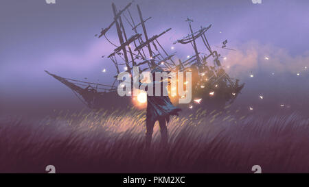 night scenery of a man with magic lantern standing in field looking at shipwreck, digital art style, illustration painting Stock Photo