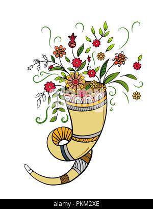 Autumn cornucopia with flowers. Hand drawn vector illustration. Stock Vector