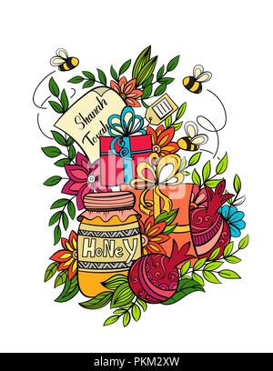 Rosh hashanah - Jewish New Year greeting card template with apples, honey, pomegranates and holiday gifts. Hand drawn vector illustration. Isolated on white background. Stock Vector