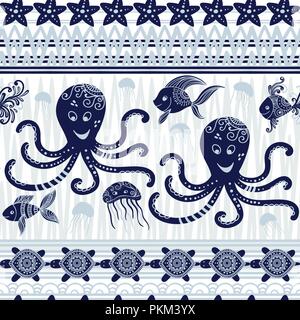 Stripe seamless pattern with sea underwater animals. Cute cartoon jellyfish, octopus, starfish and turtles. Marine background for kids. Perfect for textile print, cloth design and fabric Stock Vector