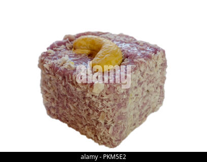 one piece of turkish delight isolated on white background. violet color with cashew on top Stock Photo