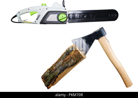 chainsaw and gloves isolated on white background Stock Photo