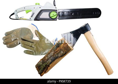 chainsaw and gloves isolated on white background Stock Photo