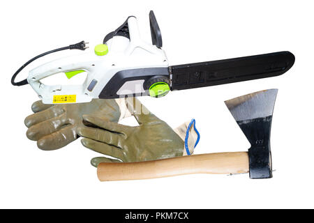 chainsaw and gloves isolated on white background Stock Photo