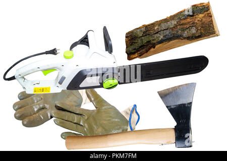 chainsaw and gloves isolated on white background Stock Photo