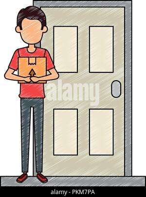 delivery worker lifting box in door Stock Vector