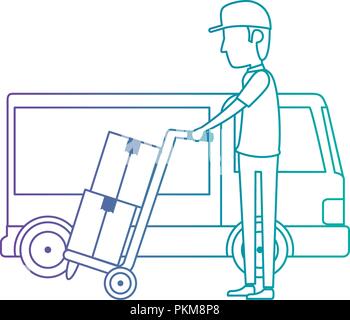 delivery worker with cart and truck Stock Vector