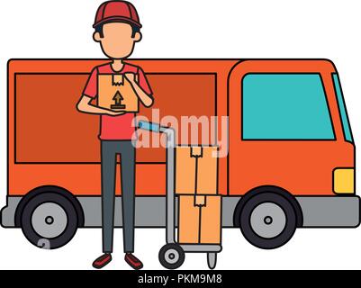 delivery worker with cart and truck Stock Vector