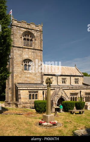 UK, Yorkshire, Wharfedale, Burnsall, St Wilfrid’s 12th century Church from churchyard Stock Photo