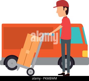 delivery worker with cart and truck Stock Vector