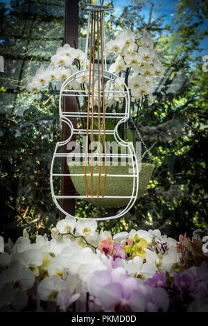 Lisse, Netherlands - 22 April: Violin shape, Wedding theme at  Keukenhoff, Tulip Gardens Stock Photo