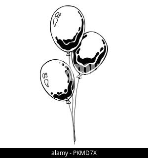 Group Of Balloons On A String. Hand Drawn, Isolated On A White