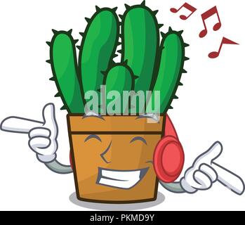 Listening music spurge cactus plant isolated on mascot Stock Vector