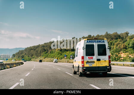 Vilafreser, Spain - May 18, 2018: Emergency Ambulance Van Iveco Car Moving On Spanish Motorway Road Stock Photo