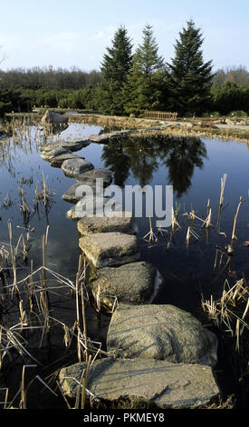 Stepping stones across a pond Stock Photo