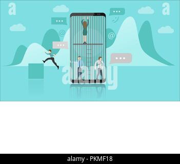 Smartphone Addiction Concept. The People Trapped Inside the Smartphone Represents the Addiction. They Cant Escape. Flat Style Vector Illustration Stock Vector