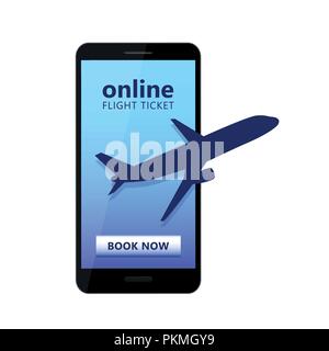 Flight tickets online mobile phone with blue plane and book button vector illustration EPS10 Stock Vector