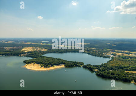 Aerial view, lido at Halterner Stausee, swimming pool, summer, secure sandy lido, turquoise waters, Haltern am See, Ruhr Area Stock Photo