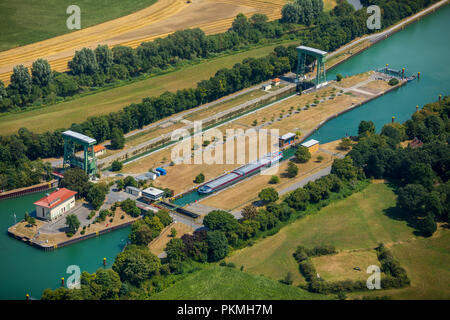 Aerial view, Flaesheim lock on the Wesel-Datteln canal in the district of Flaesheim, inland shipping and cargo ship in the lock Stock Photo