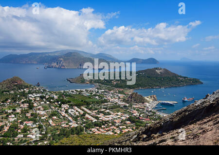 View from the crater rim on Lipari, Vulcano island, Aeolian and Lipari islands, Sicily, Italy Stock Photo